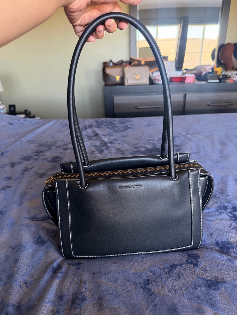 Authentic Charles & Keith Leather Double Handle Shoulder Bag with Contrast Stit
